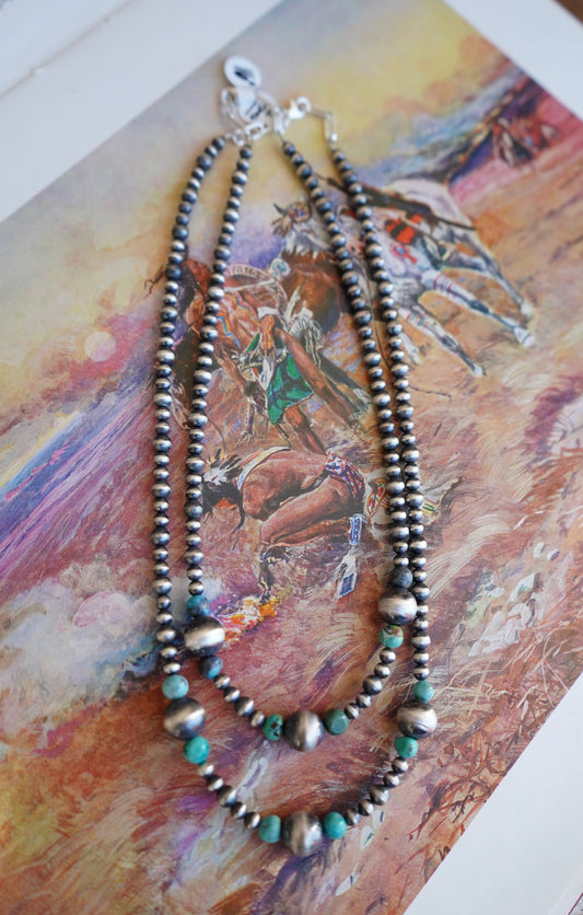 Graduated Sterling Silver Pearls w/ Turquoise Necklaces