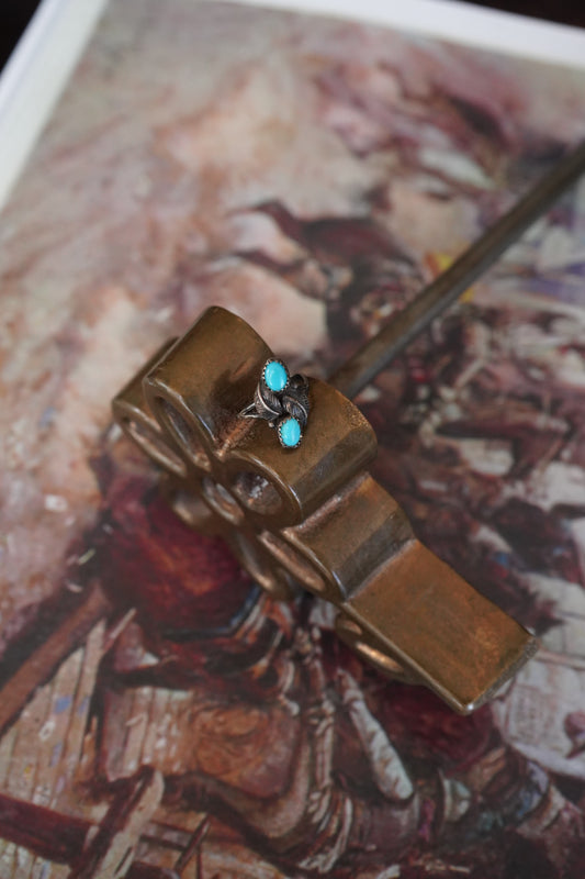 Vintage 2 Stone Turquoise w/ Feathers Ring - Sz 7
