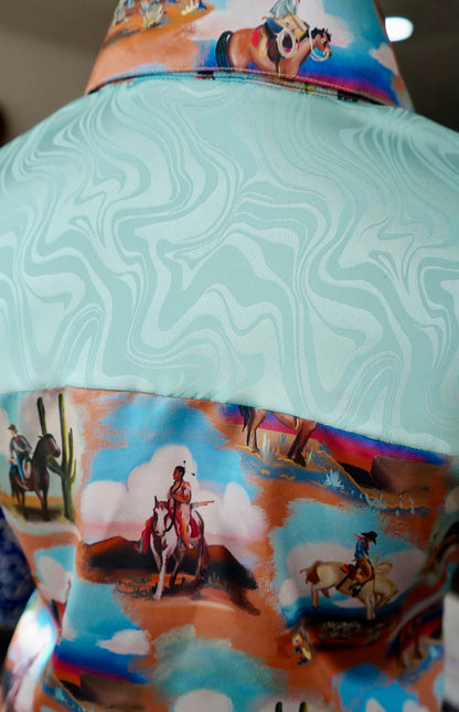Daisy Original Painted Cowboy Scenes w/ Turquoise Groovy Button Down - Size 16