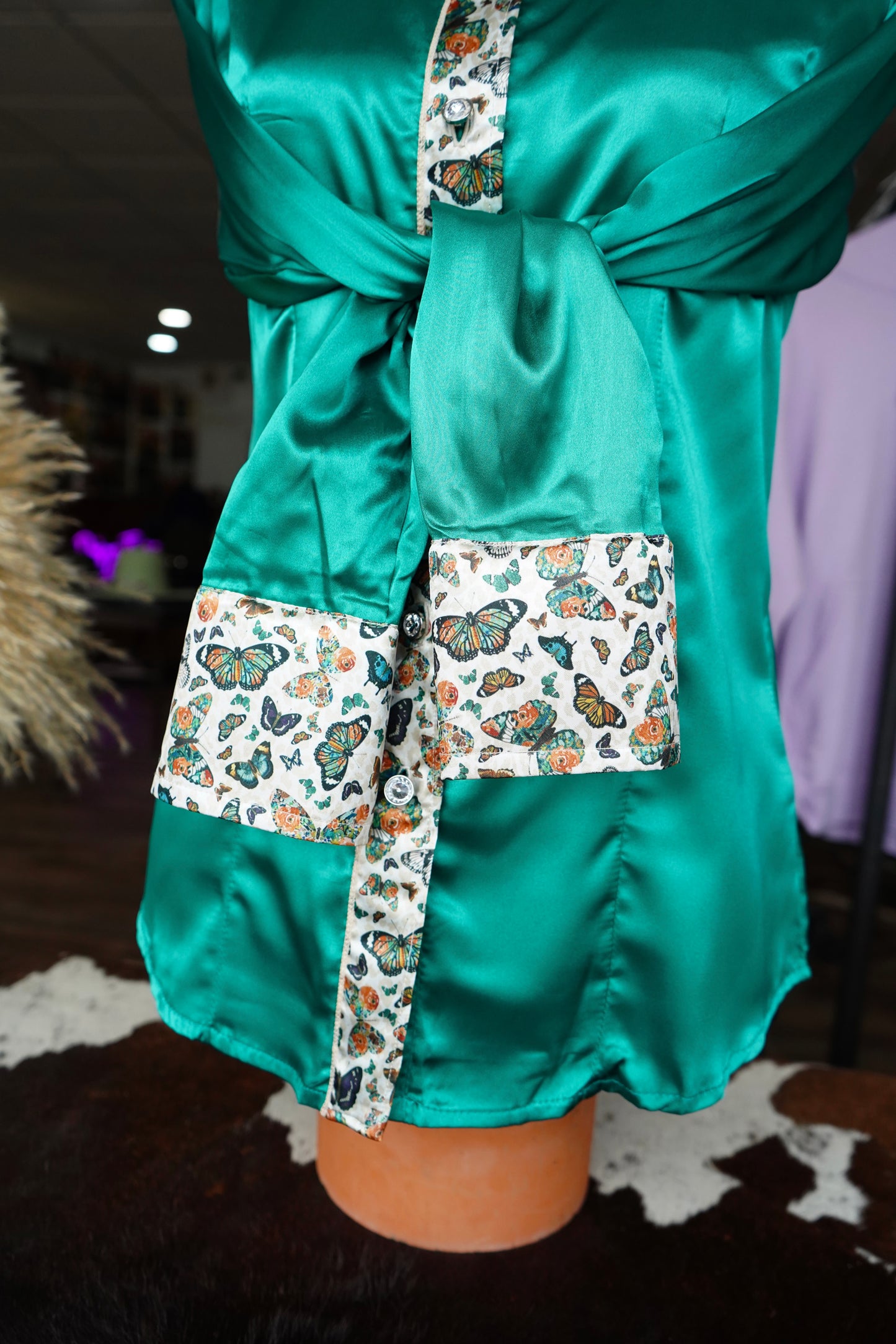S - Cheetah Butterflies on Emerald Button Down
