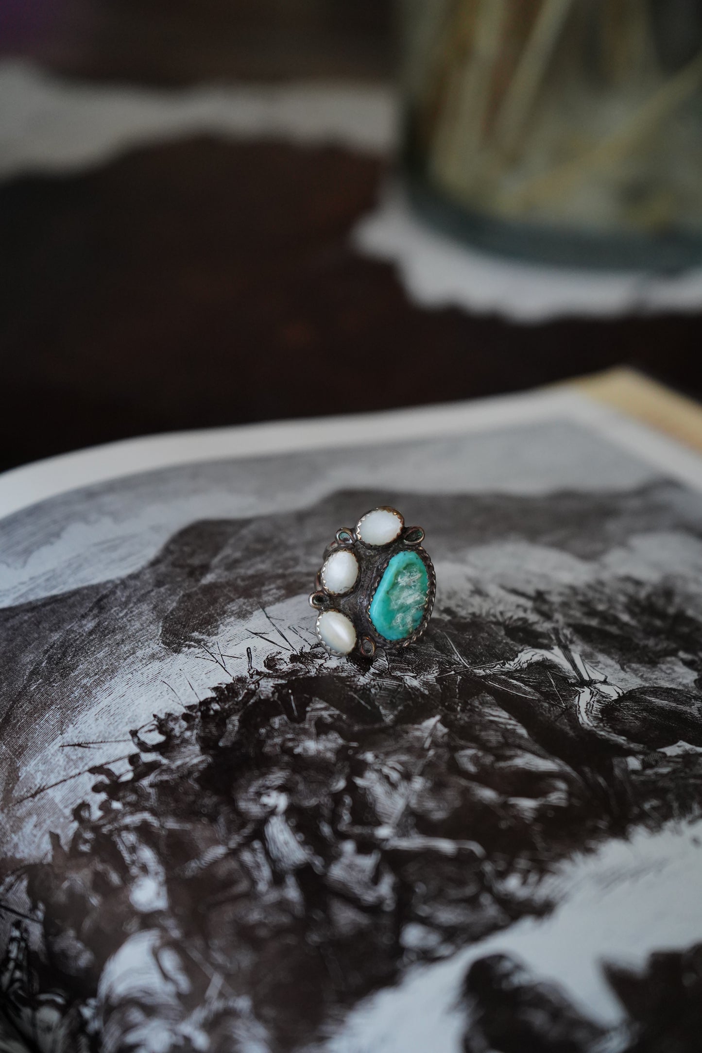 Vintage Turquoise & 3 Stone MOP Ring - Sz 6.5