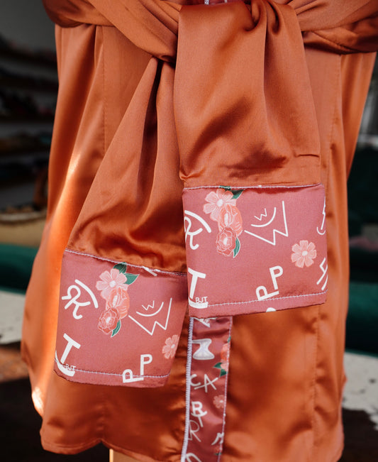 S - Pink Daisy Brands on Rust Satin Button Down