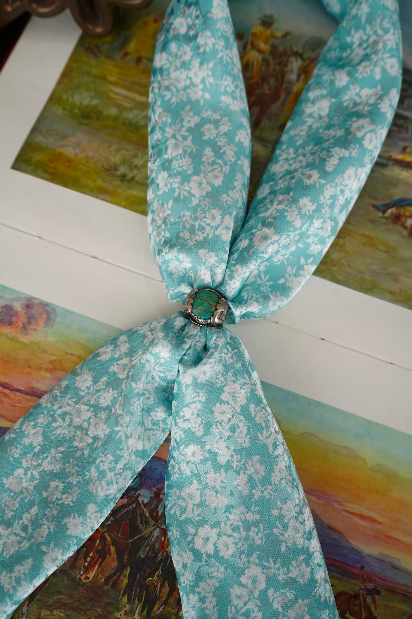 White & Turquoise Jacquard Floral Wild Rag