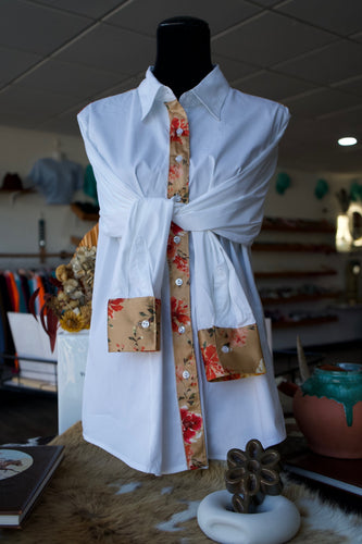 3XL - Tan w/ Red & Yellow Roses on White Cotton Button Down