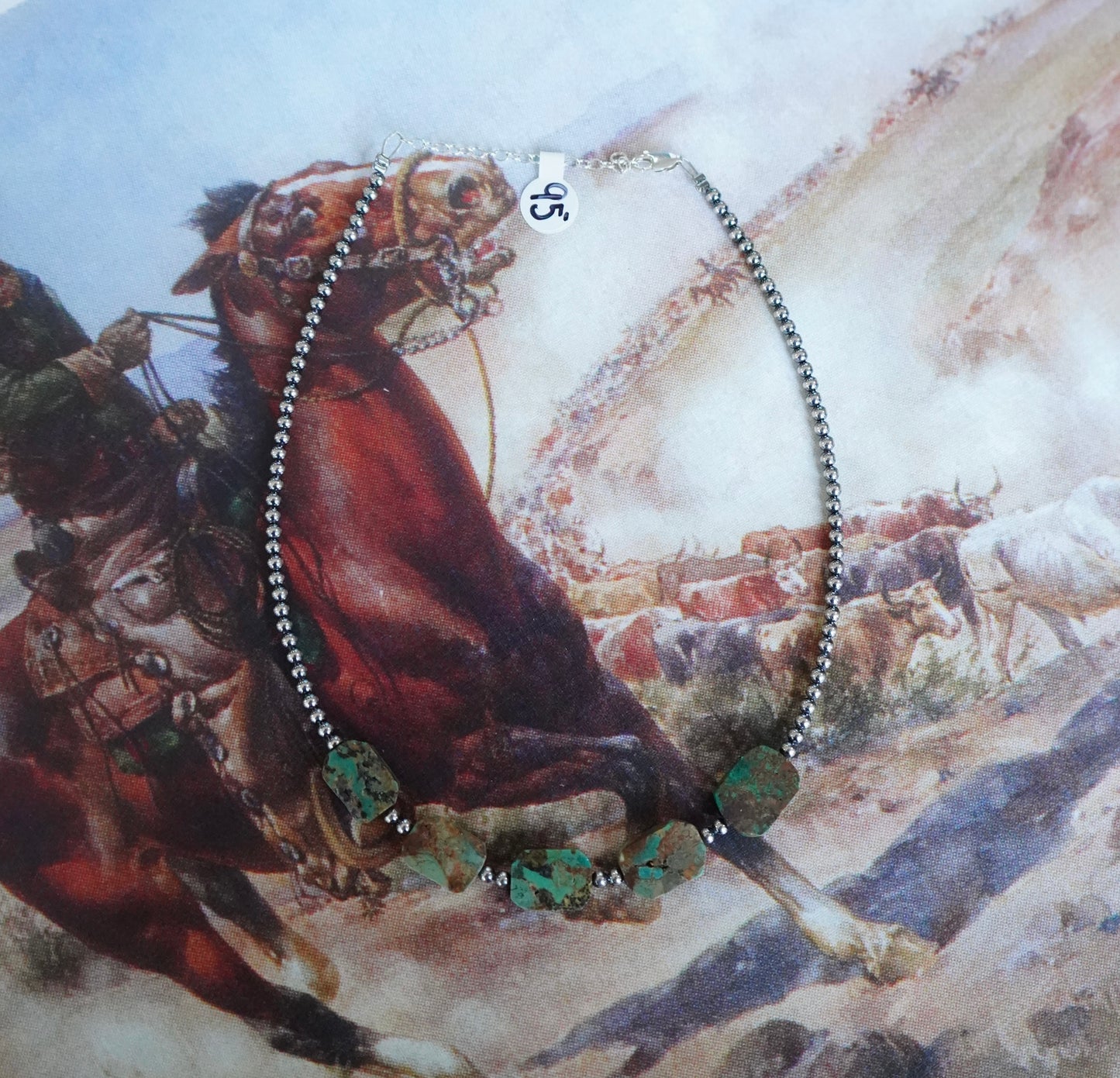 Sterling Silver Pearls w/ Green Turquoise Squares Necklace