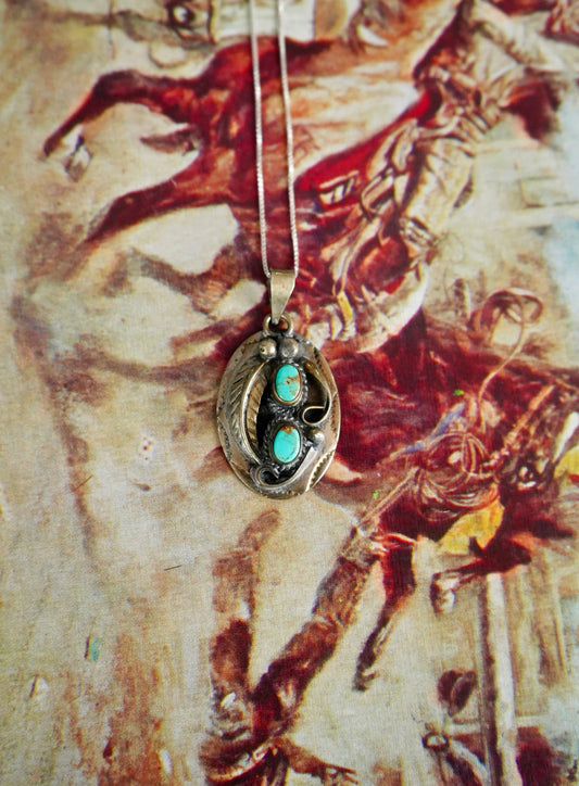 Vintage 2 Stone Turquoise w/ Leaf Pendant