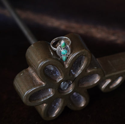 3 Stone Turquoise w/ Feathers Ring - Sz 5.75