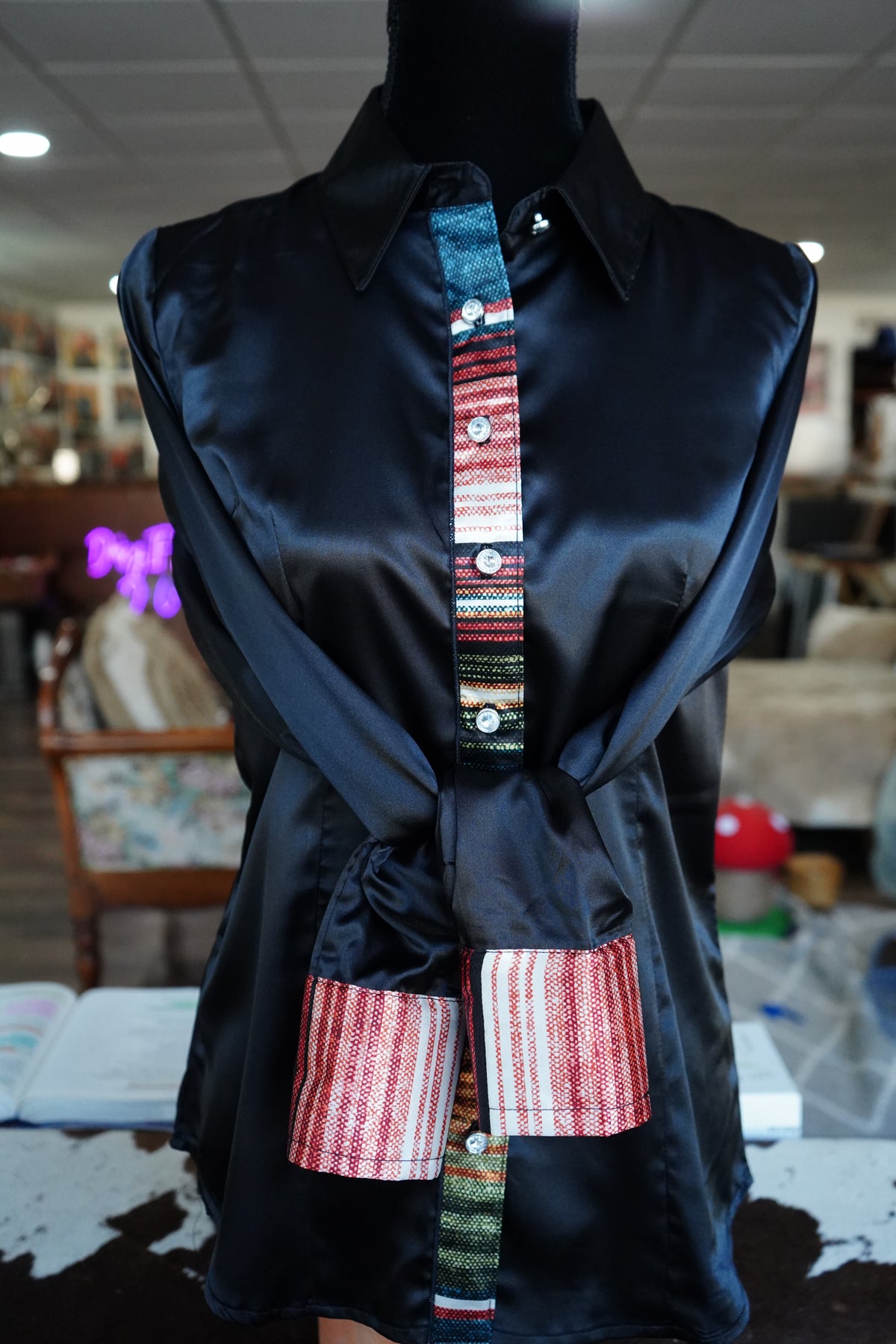 M - Autumn Stripe on Black Satin Button Down