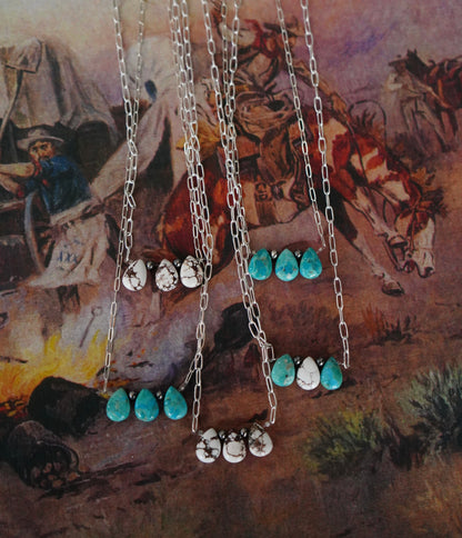 3 Stone Turquoise Teardrops on Paper Clip Chain Necklaces