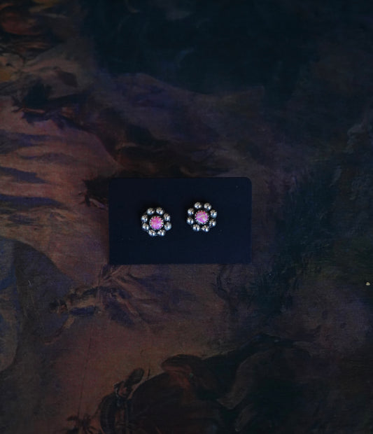 Hot Pink Opal Flower Stud Earrings