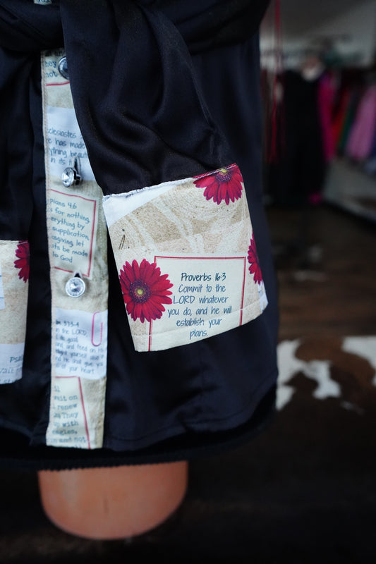 S - Postcard Scripture w/ Red Fringe on Black Satin Button Down