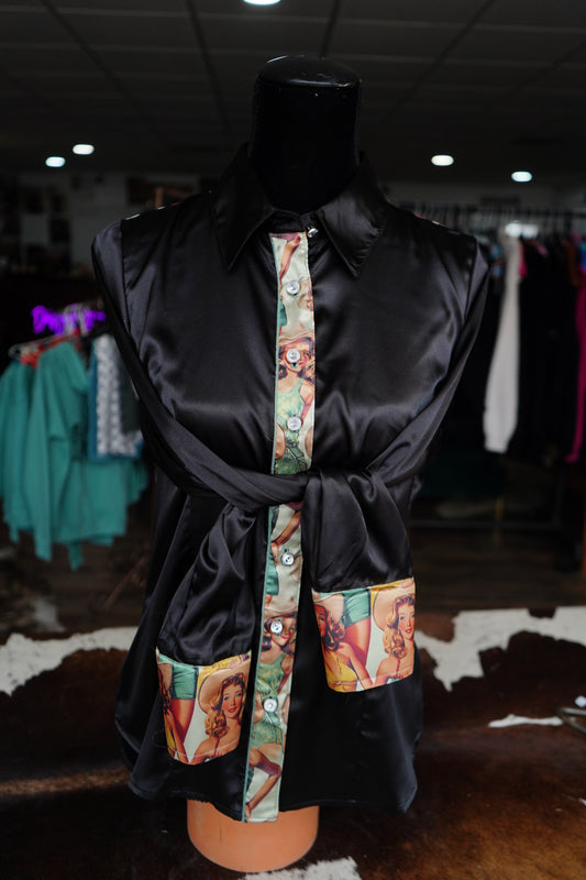 L - Sage Pinup Cowgals on Black Satin Button Down