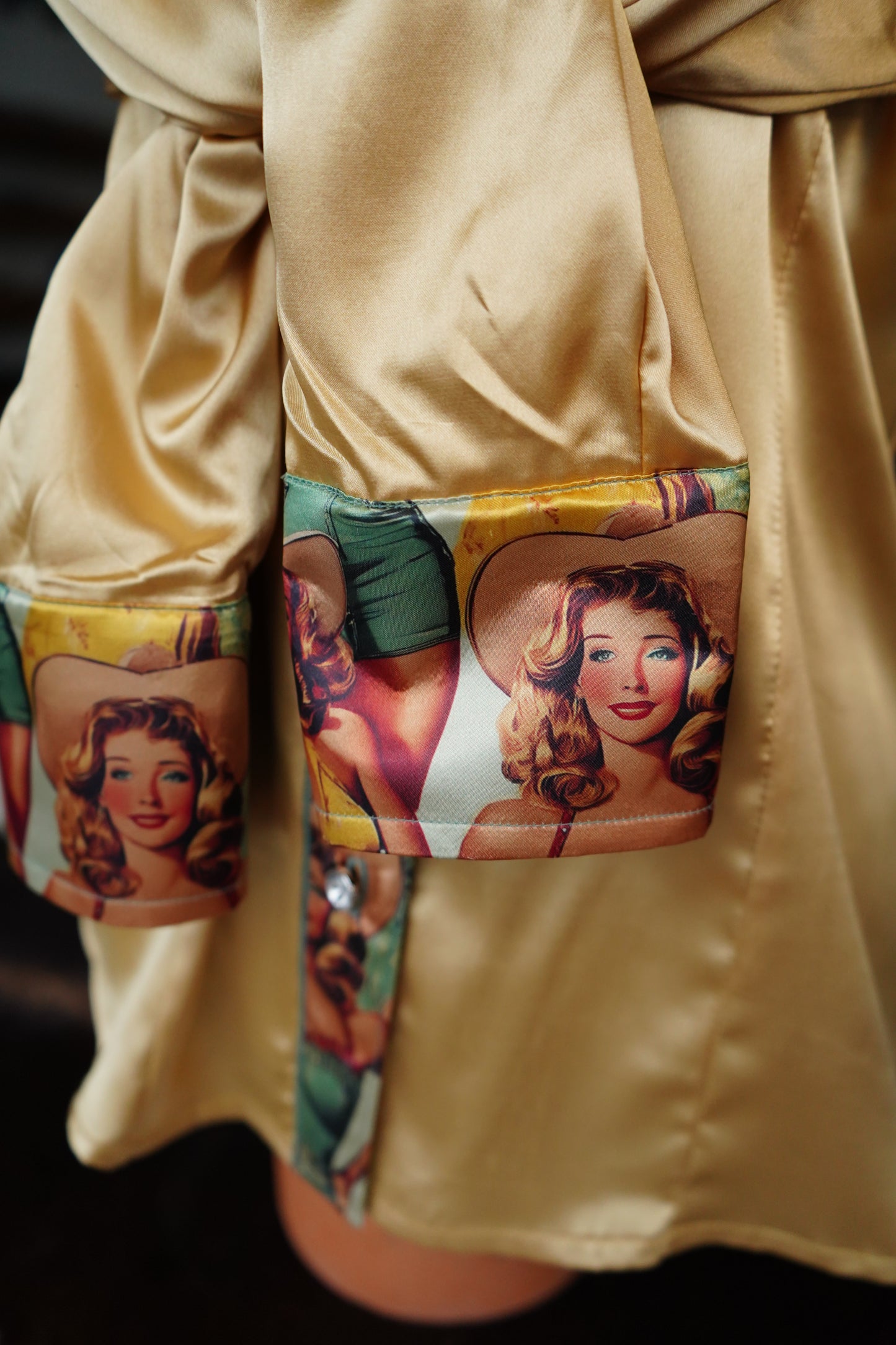 L - Sage Vintage Pinup Cowgals on Gold Satin Button Down
