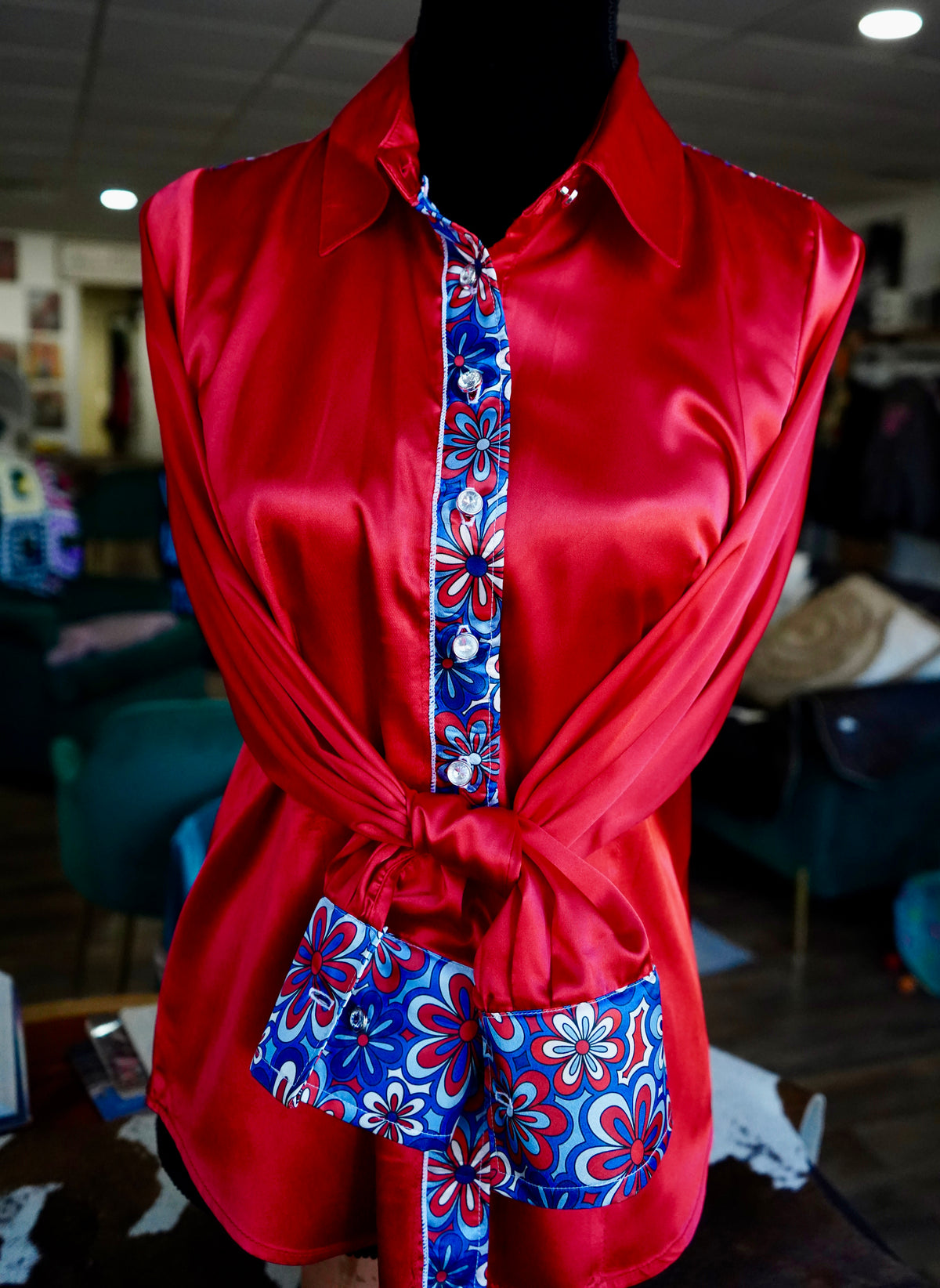L - Patriotic Floral on Red Satin Button Down