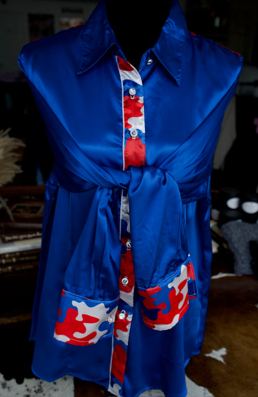 3XL - Patriotic Camo on Blue Satin Button Down