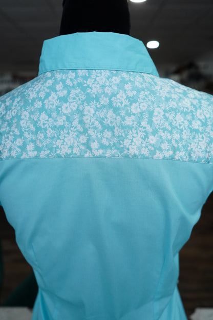 M - Turquoise & White Flowers on Baby Blue Cotton Button Down