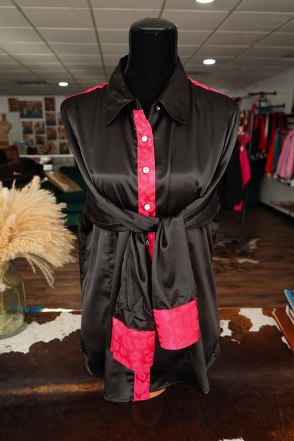 3XL - Hot Pink Cheetah Jacquard on Black Satin Button Down