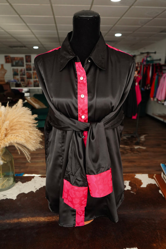 3XL - Hot Pink Cheetah Jacquard on Black Satin Button Down