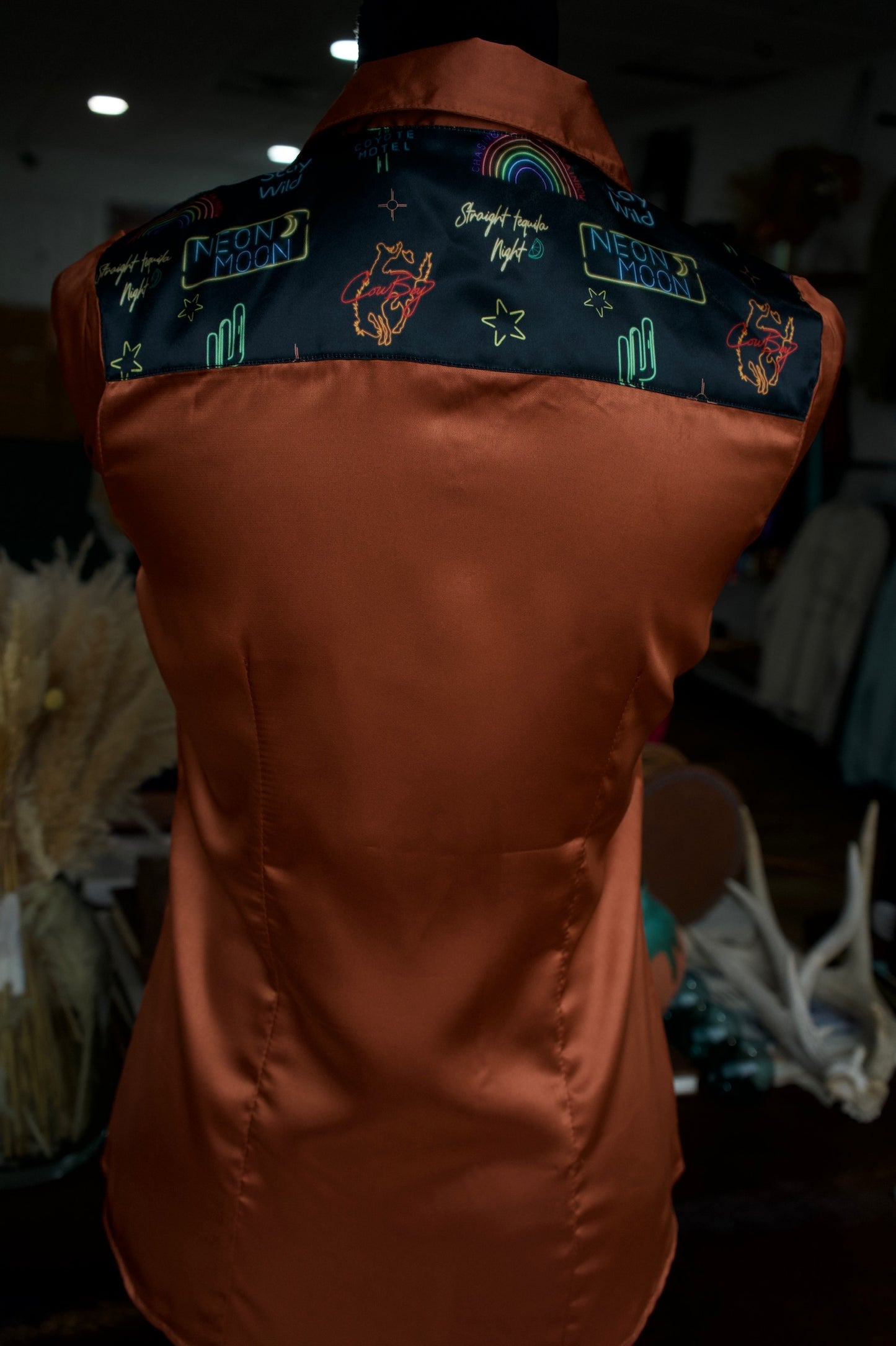 S - Neon Moon on Rust Satin Button Down