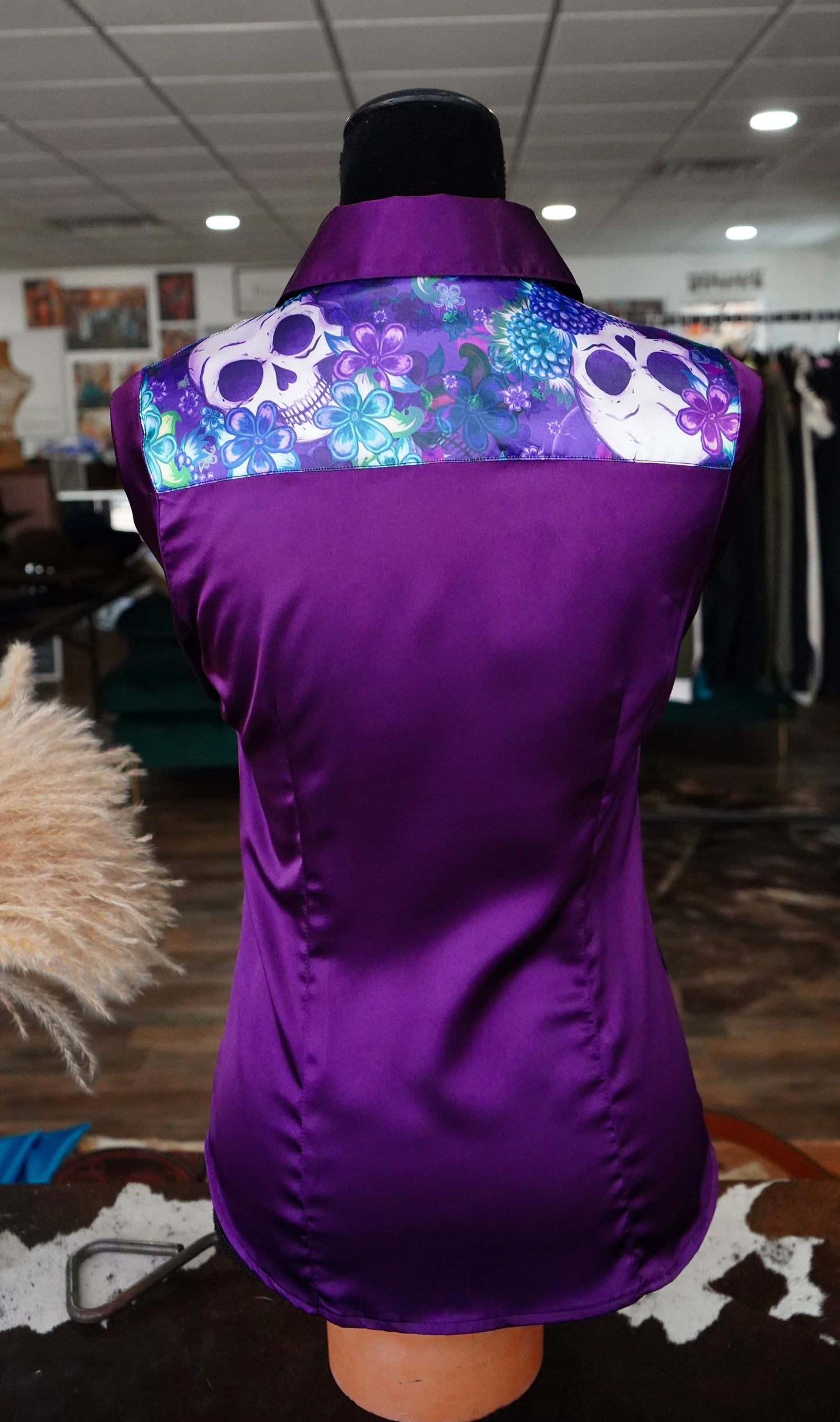 S - Purple Floral Skulls on Purple Satin Button Down