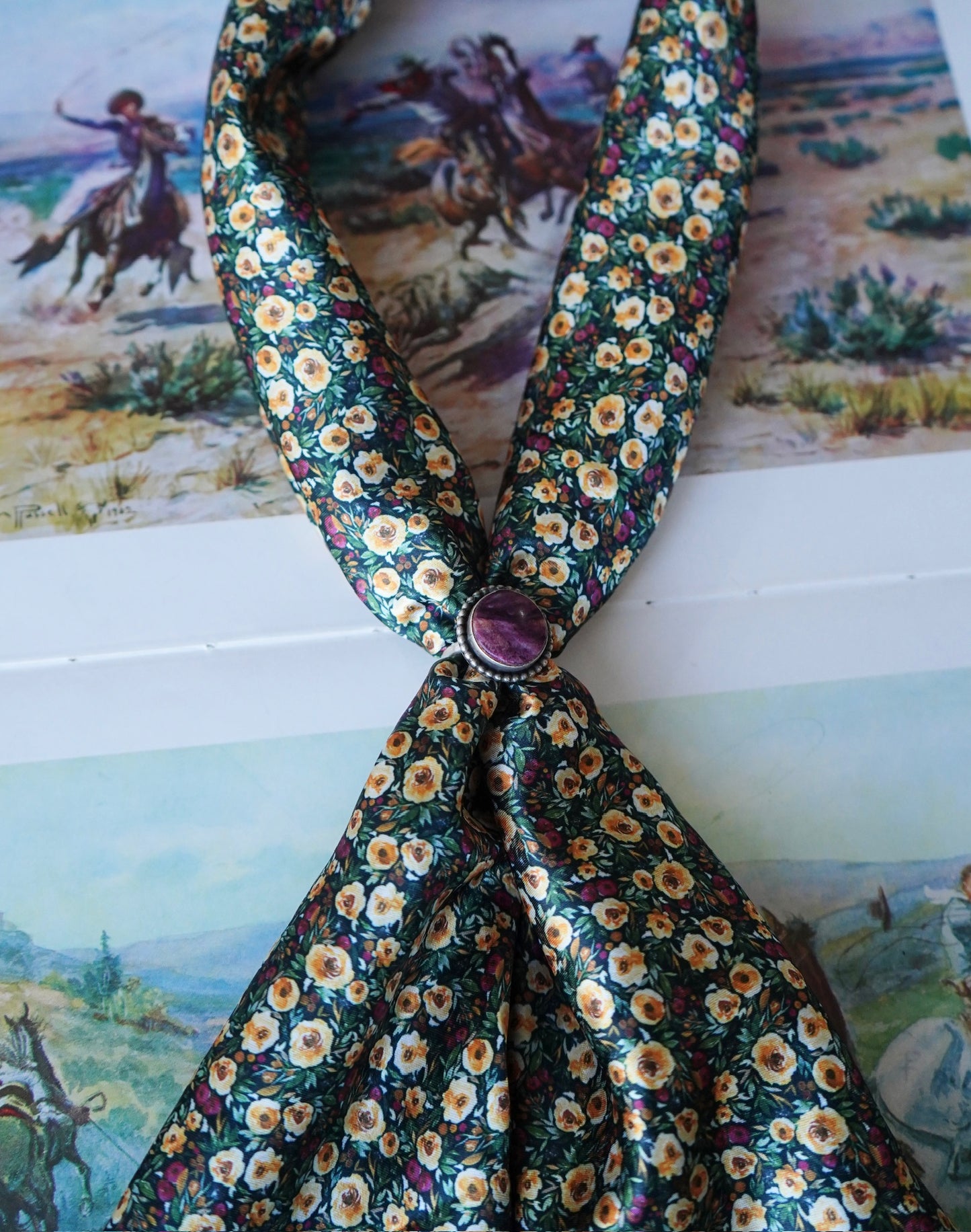 Tiny Mustard Roses on Forest Green Wild Rag