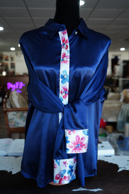 3XL - Watercolor Patriotic Floral on Navy Satin Button Down
