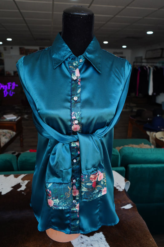 M - Navy Fable Floral on Teal Satin Button Down