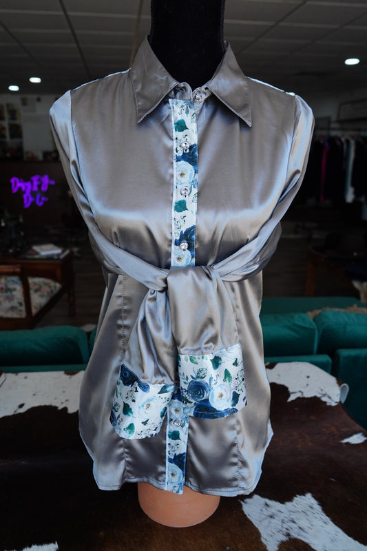 M - Navy Feather Floral on Silver Satin Button Down