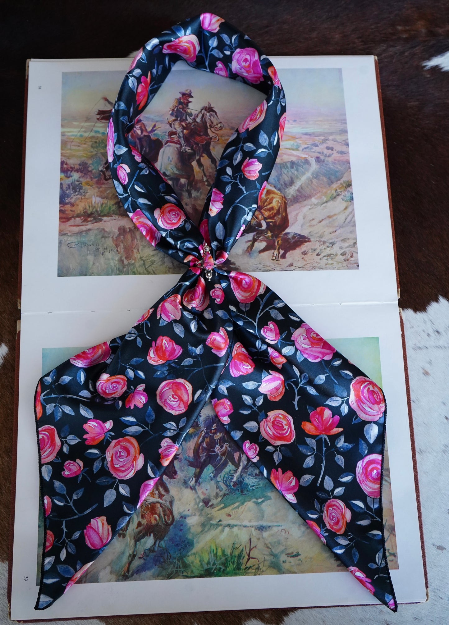 Pink Roses on Black Wild Rag