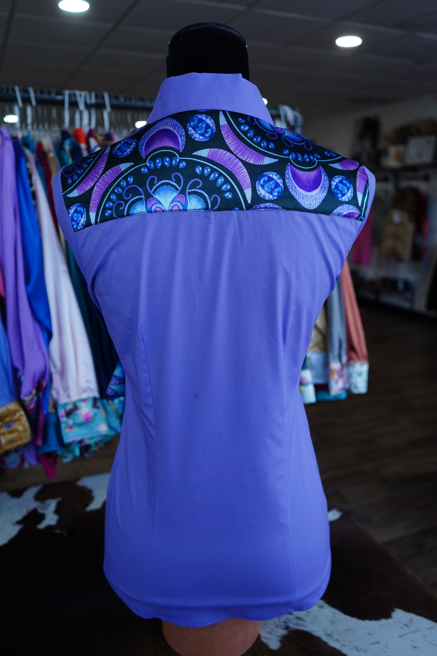 S - Purple & Blue Designs on Lavender Cotton Button Down