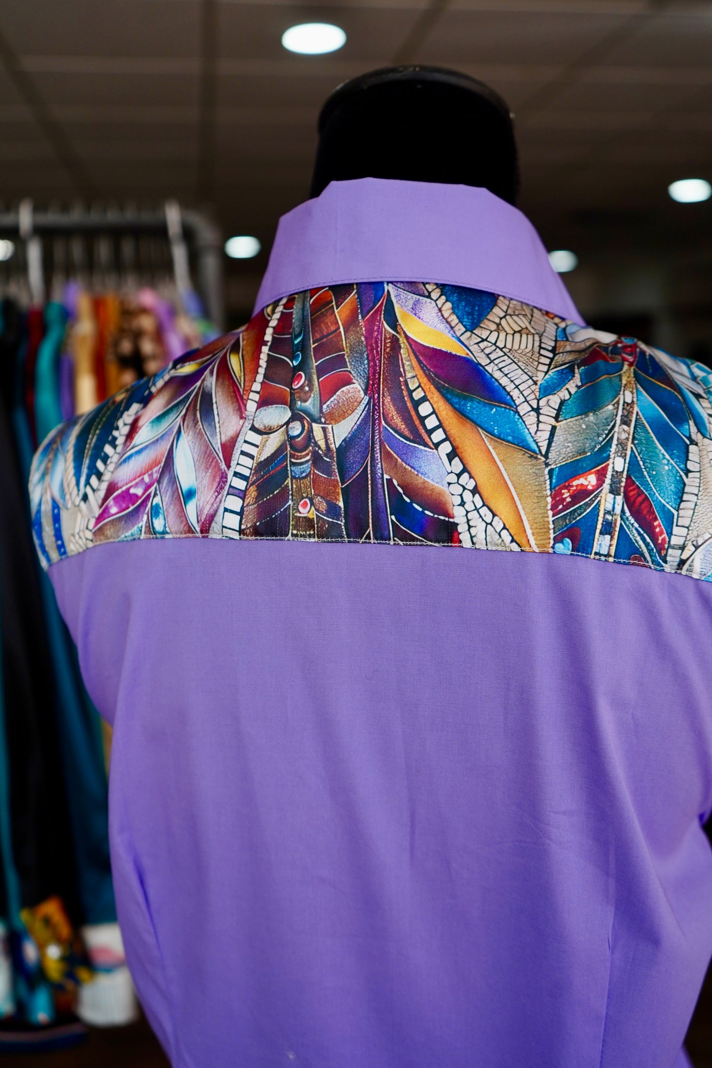 XL - Jeweled Feathers on Lavender Cotton Button Down