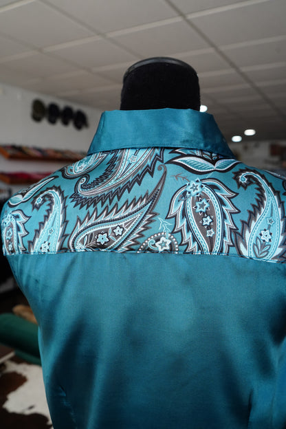 L - Teal Electric Paisley on Teal Satin Button Down