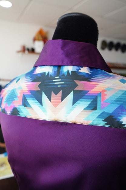 S - Kaleidescope on Purple Satin Button Down