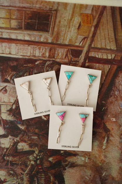 Turquoise Triangle w/ Dangly Paperclip Chain Stud Earrings