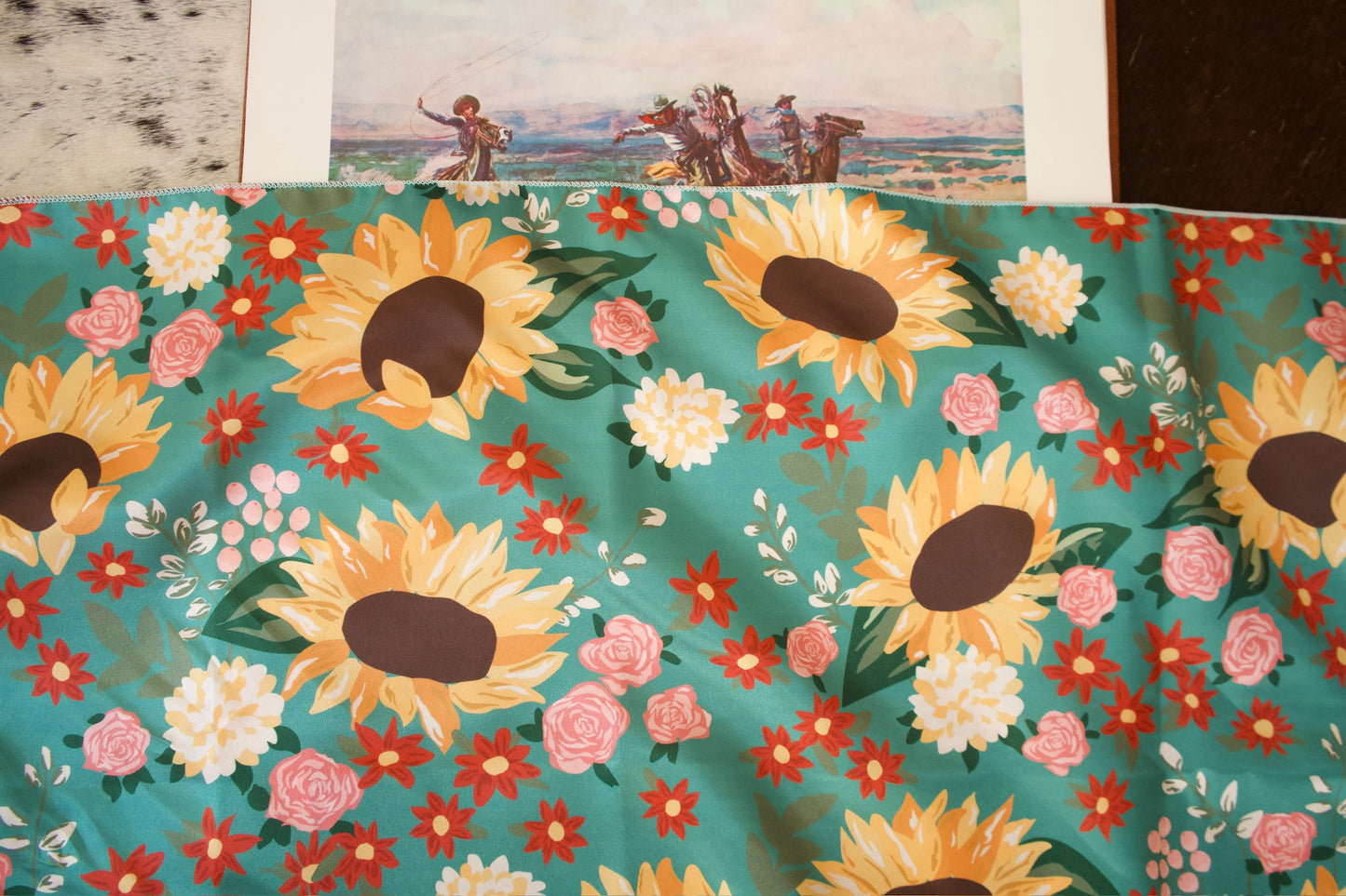 Painted Sunflowers on Teal Wild Rag