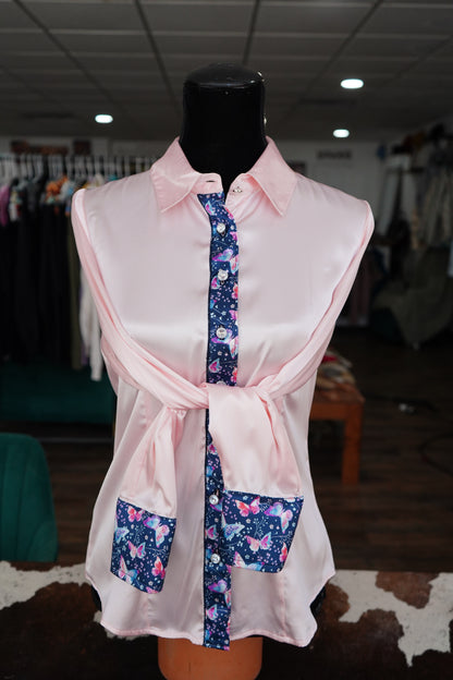 L - Pink Butterflies on Light Pink Satin Button Down