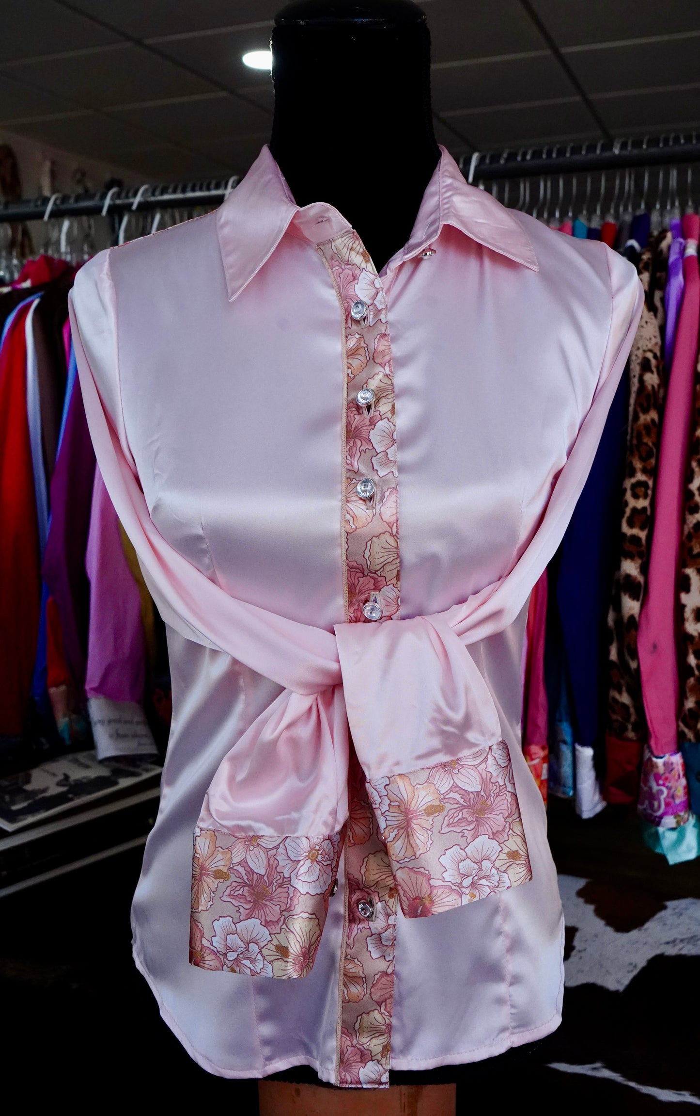 S - Pastel Hibiscus on Light Pink Satin Button Down