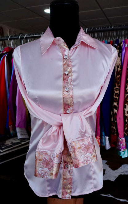 S - Pastel Hibiscus on Light Pink Satin Button Down