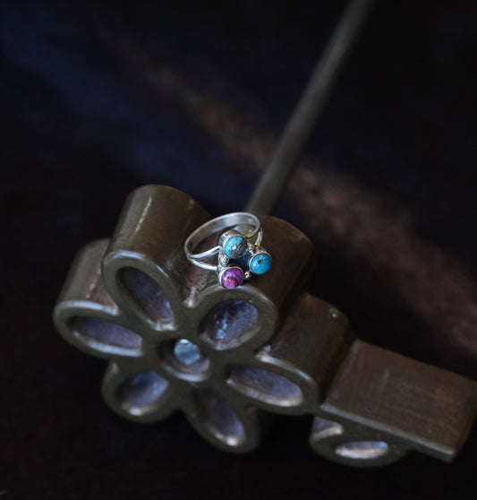 3 Stone Turquoise & Pink Dahlia Cluster Ring - Sz 9.75