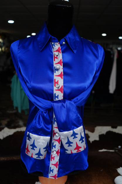 S - Military Planes on Royal Blue Satin Button Down