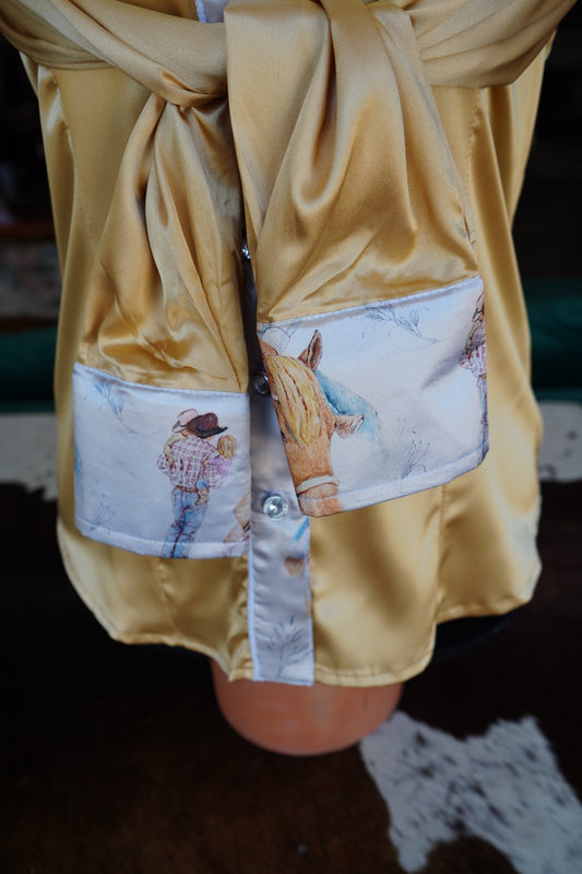 S - Raisin Cow Kids on Gold Satin Button Down