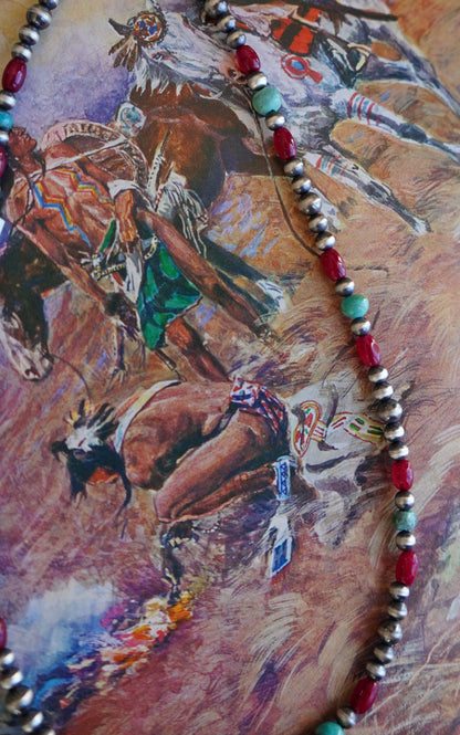 Sterling Silver Pearls w/ Red Coral & Turquoise Necklace - 16”