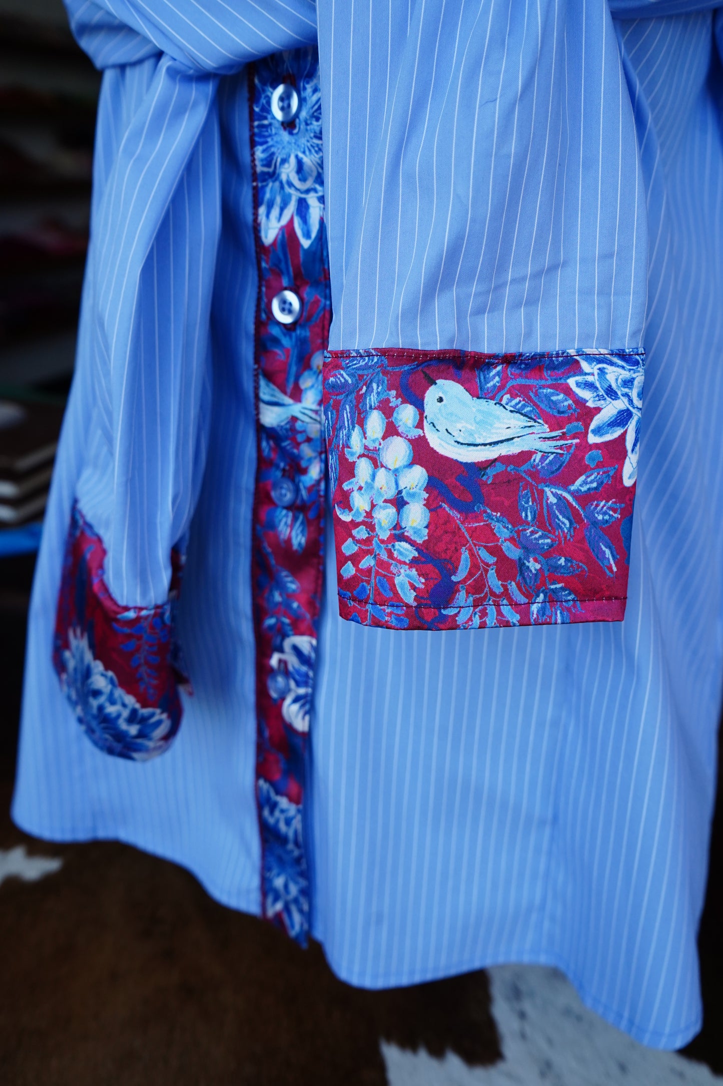 XL - Patriotic Sketched Floral on Blue & White Pinstripe Cotton Button Down