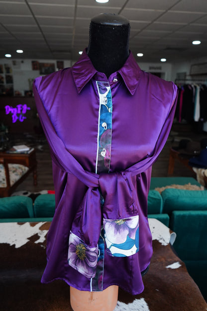 L - Large Purple Flowers on Purple Satin Button Down