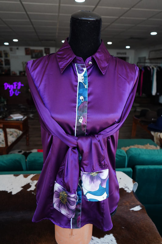 L - Large Purple Flowers on Purple Satin Button Down