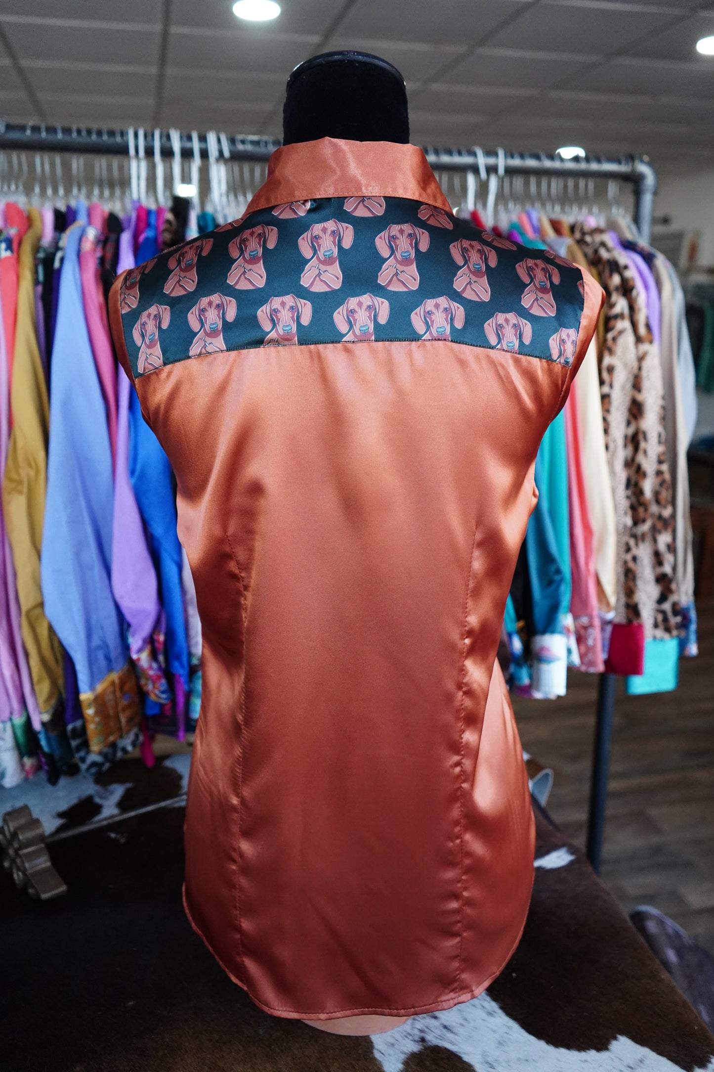 M - Weenie Dawgs on Rust Satin Button Down