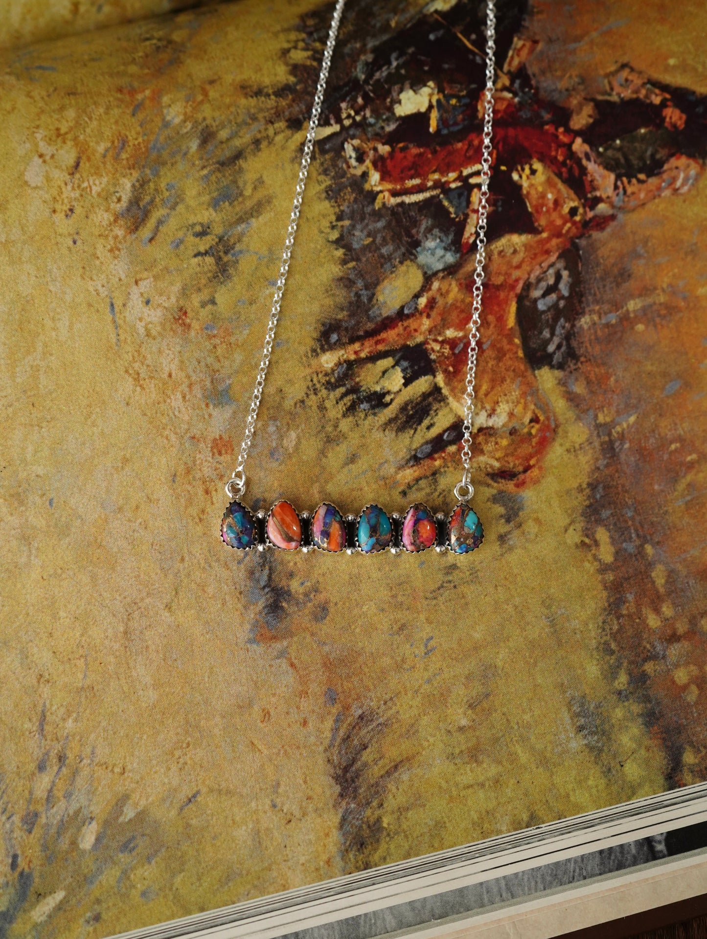 Turquoise 6 Stone Teardrop Bar Necklaces - 18”