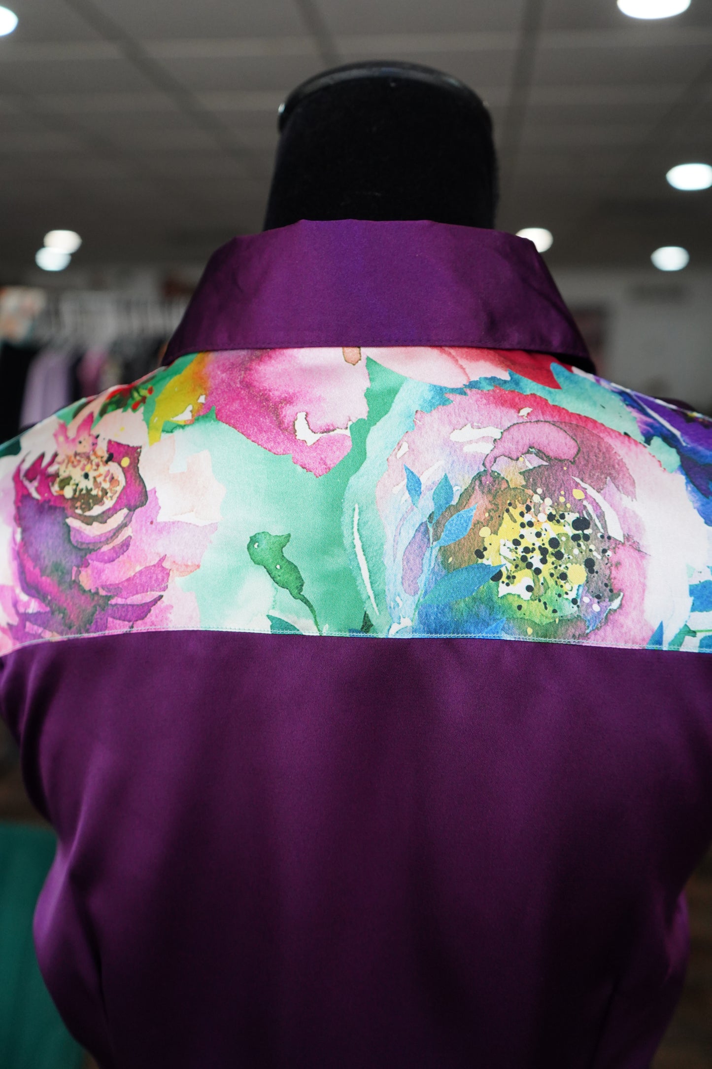 L - Watercolor Floral on Purple Satin Button Down