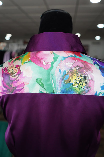 L - Watercolor Floral on Purple Satin Button Down