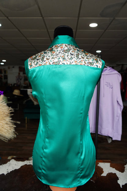 S - Cheetah Butterflies on Emerald Button Down